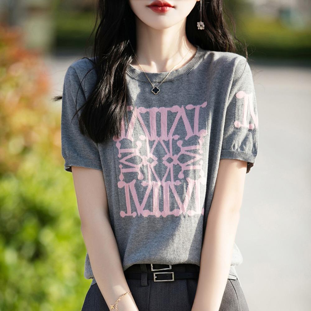 Women s T-shirt Summer New Round Neck Women s Top Loose Fashion Pullover M