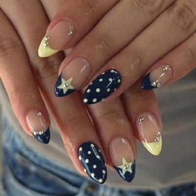 Unghie Finte Non Tossiche Design Francese Blu Giallo Color Block Motivo Stelle Confortevoli ABS Nail Art Per Professionisti