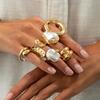 Temperament Baroque Imitation Pearl Ring Set, Hip-Hop Metal Hollow Smooth Surface Stacked Ring