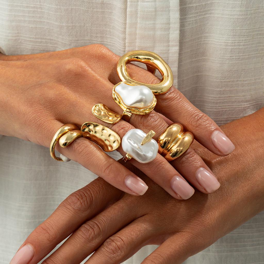 Temperament Baroque Imitation Pearl Ring Set, Hip-Hop Metal Hollow Smooth Surface Stacked Ring