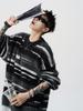 Unisex Mohair Round Neck Color Block Stripe Sweater - Autumn/Winter Casual Loose Fit