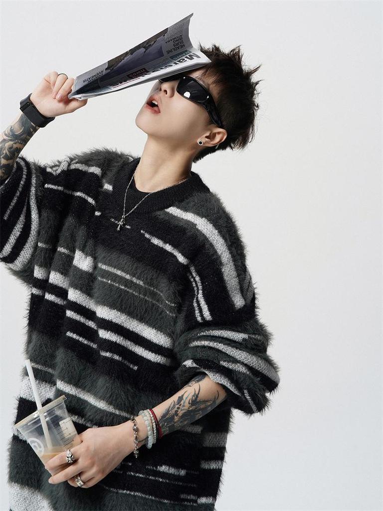 Unisex Mohair Round Neck Color Block Stripe Sweater - Autumn/Winter Casual Loose Fit