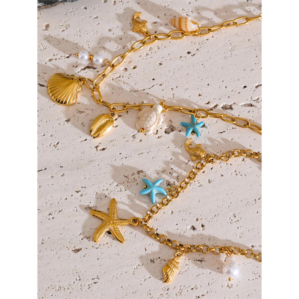 Yhpup Ocean Style Starfish Shell Pendant Handmade Necklace Bracelet Summer Vacation Stainless Steel Jewelry Waterproof