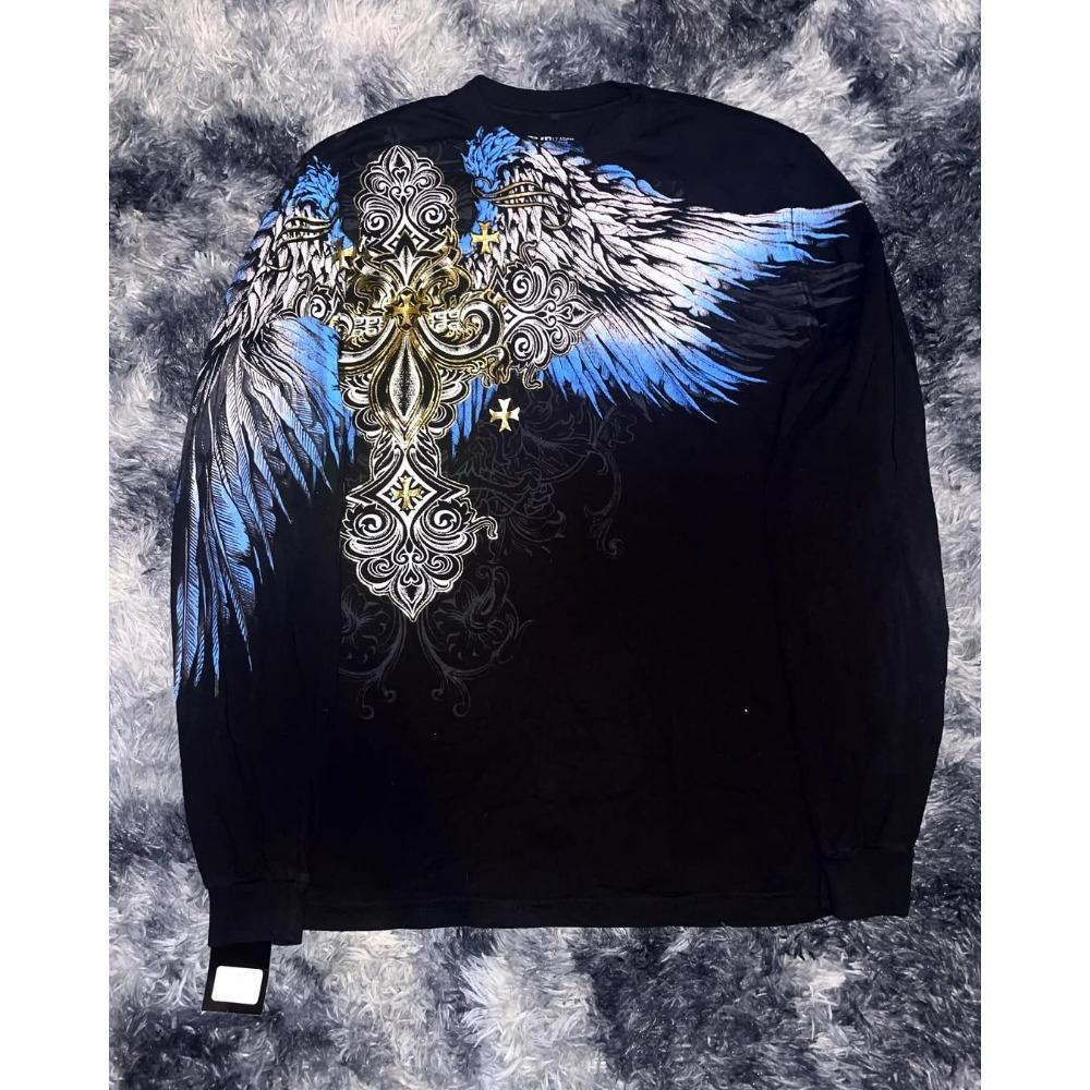 Y2K Affliction Long Sleeved T Shirt Fashion Round Neck Oversized T-shirt Men Wing Printing Casual Gothic Tops Streetwear