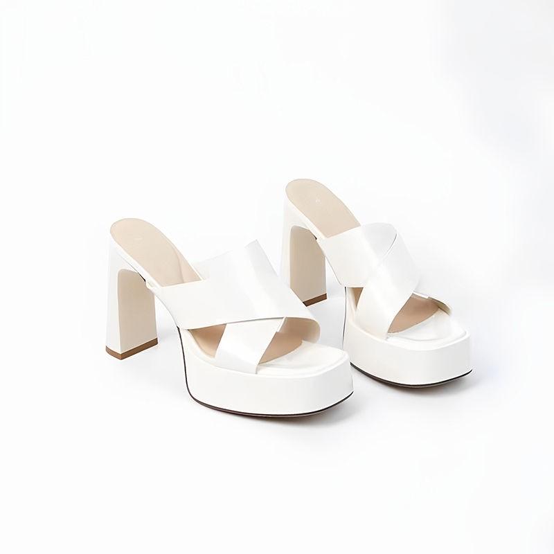 Waterproof Taiwanese Square Heel Slippers Women's Square Toe Open Toe Cross Strap Anti-Slip Wear-Resistant High Heels