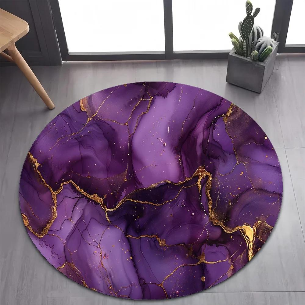 White Gold Marble Round Area Rug –Elegant Carpet for Bedroom or Living Room – Non-Slip Floor Mat, Pet-Friendly Modern Home Decor