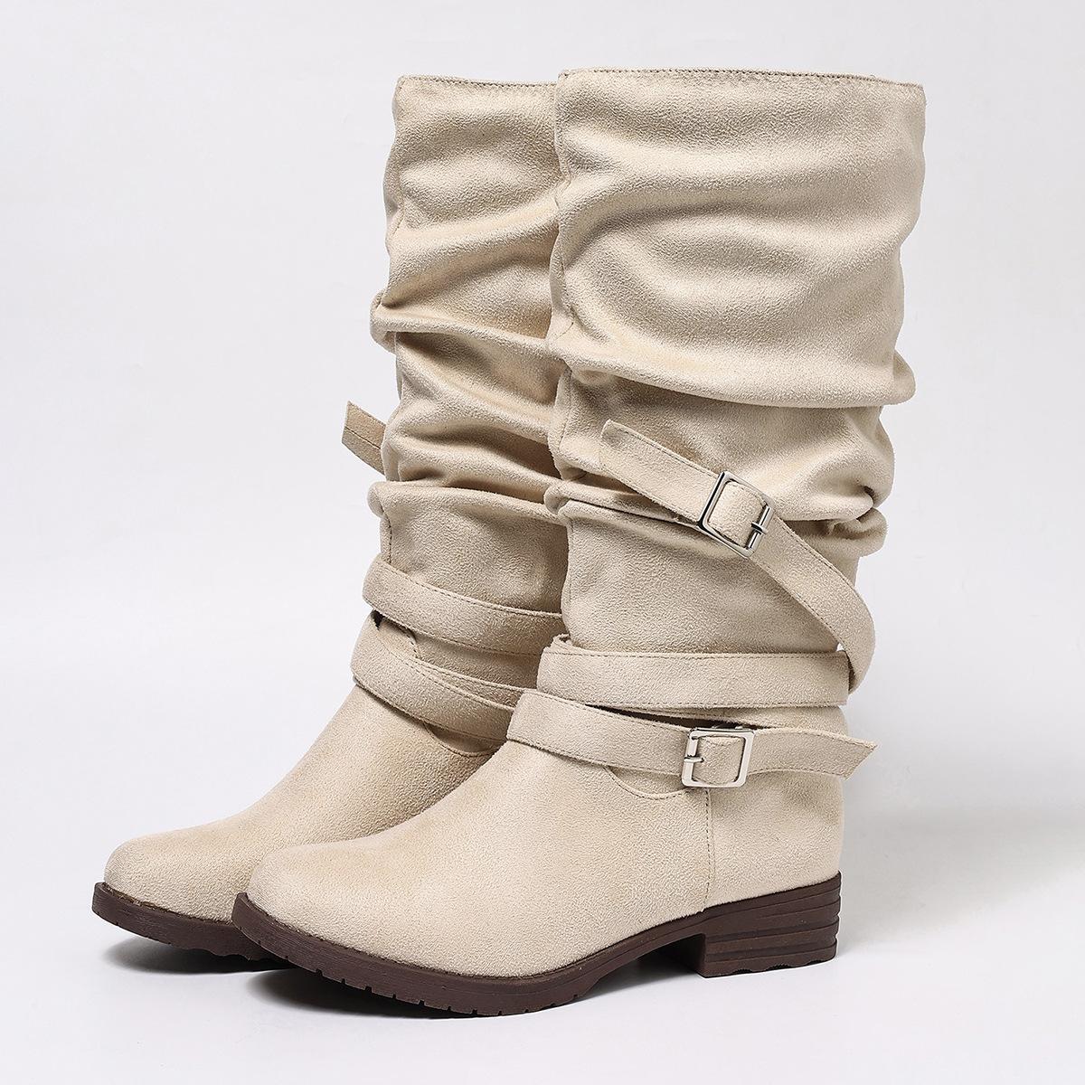 

Женские замшевые сапоги для верховой езды широкой полноты, сапоги до колена на толстом каблуке с круглым носком, длинные сапоги со складками и деталью в виде пряжки 42 слоновая кость