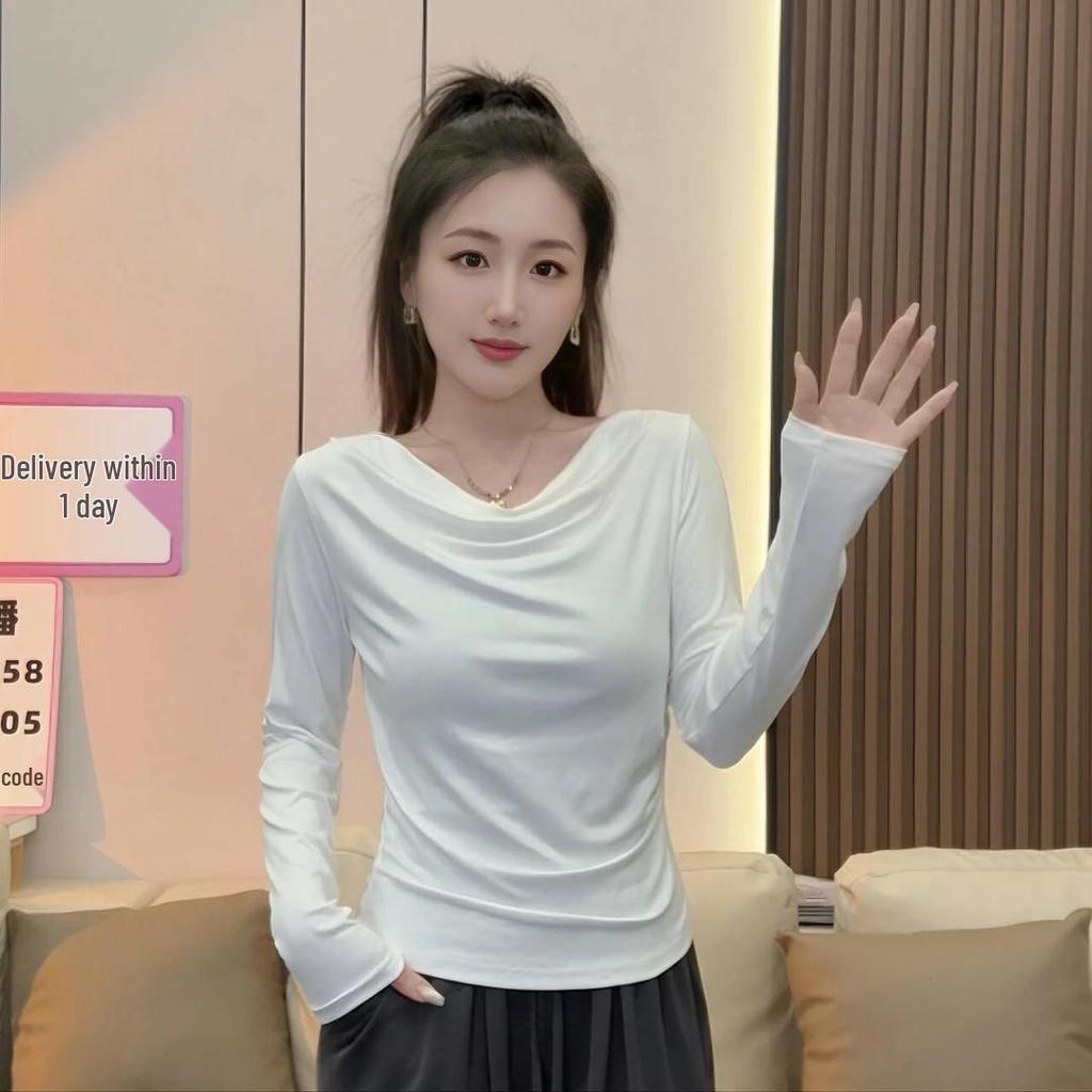 2025 Black One-Shoulder Long-Sleeve Women's T-shirt with Flowing Collar for Spring and Autumn