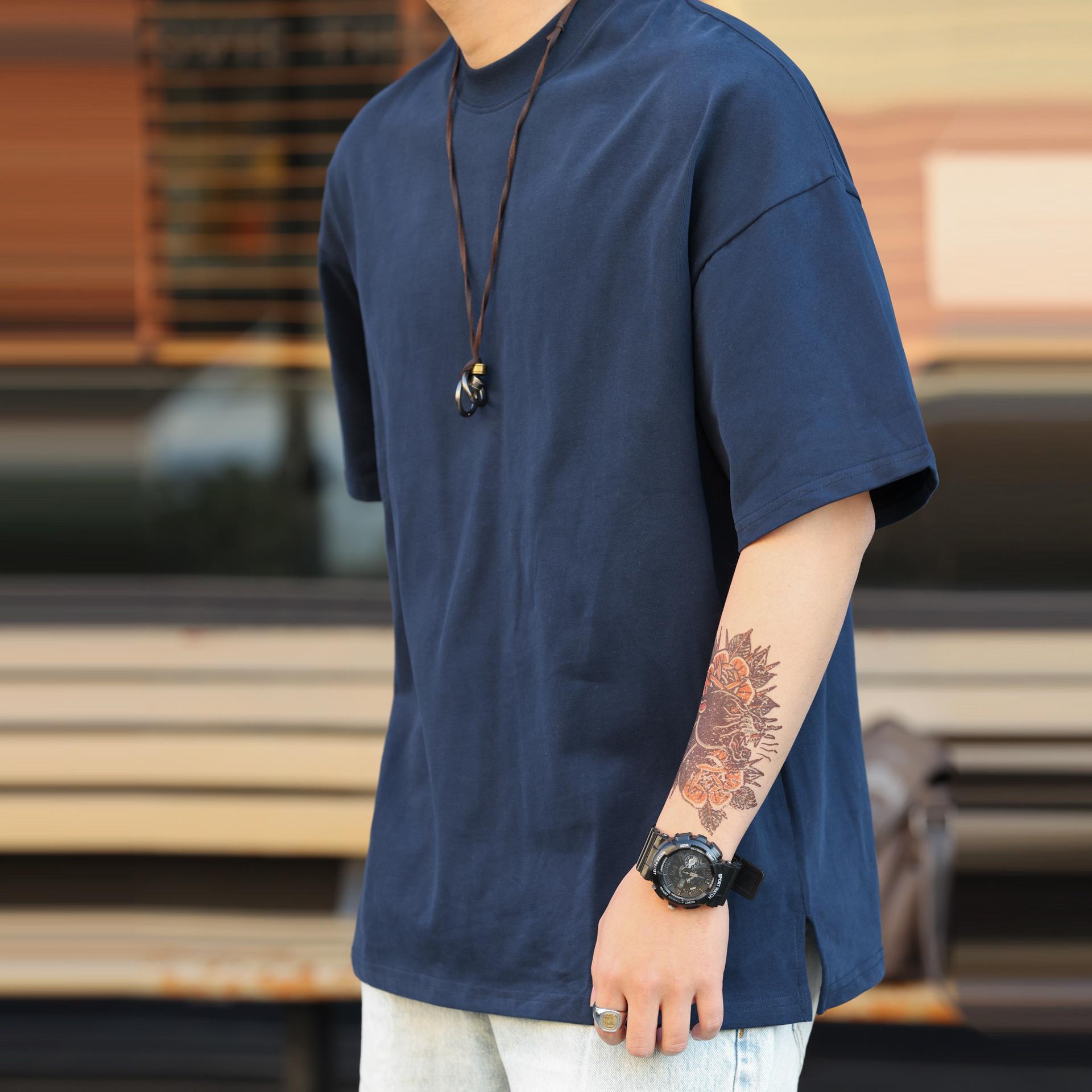 

Heavy Small Neckline Short-sleeved T-shirt Men s Loose Summer Casual Solid Color Anti-wrinkle Large Size T-shirt S