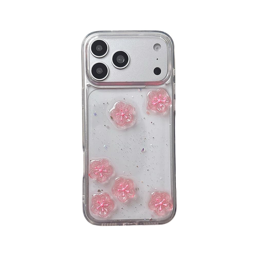 

Lovely Pink Flower 3D Cherry Blossom Bling Glitter Phone Case For iPhone 17 Pro Max Air 16 15 13 12 11 14 Plus Clear Back Cover iPhone 11