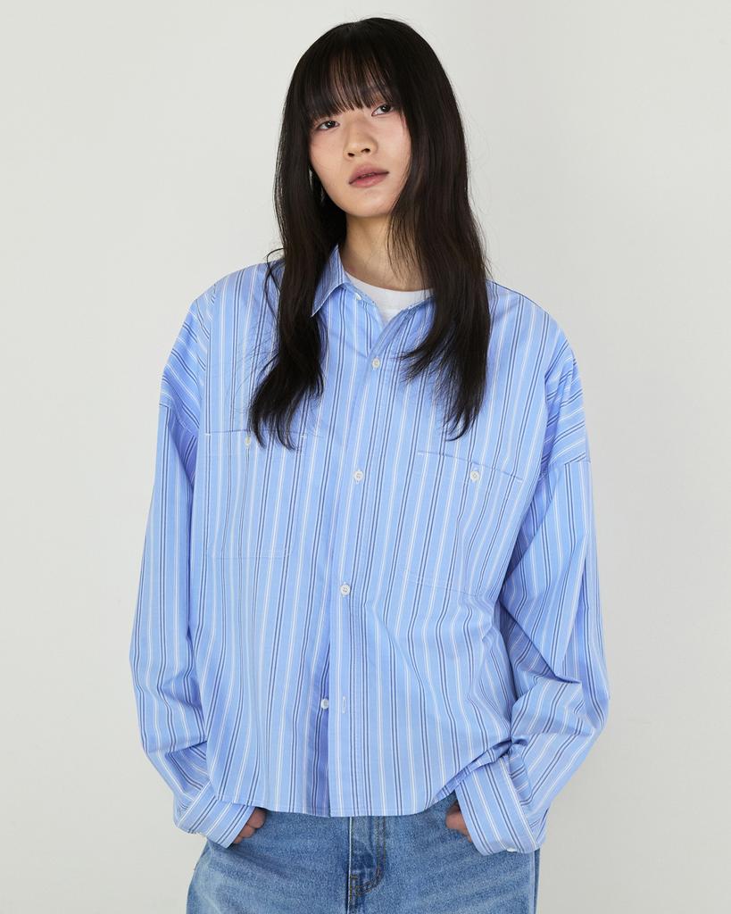Diaendeukweseucheon Stripe Crop Shirt / Light Blue