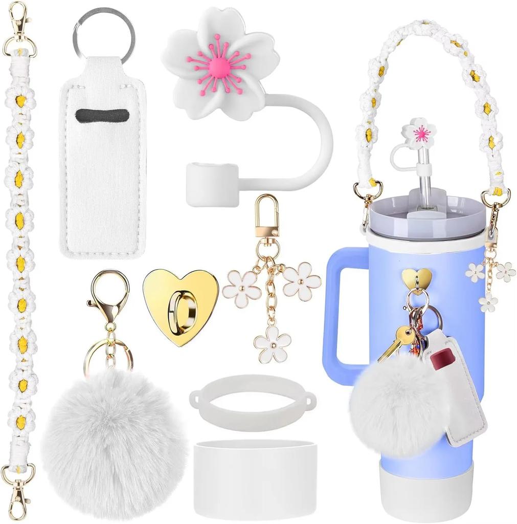 Set di 7/8 Pezzi di Accessori per Tazze per Stanley Cup Inclusi Manico Cinturino Base in Silicone per Tazza Copri Cannuccia Ciondoli per Bicchiere da 40oz 30oz