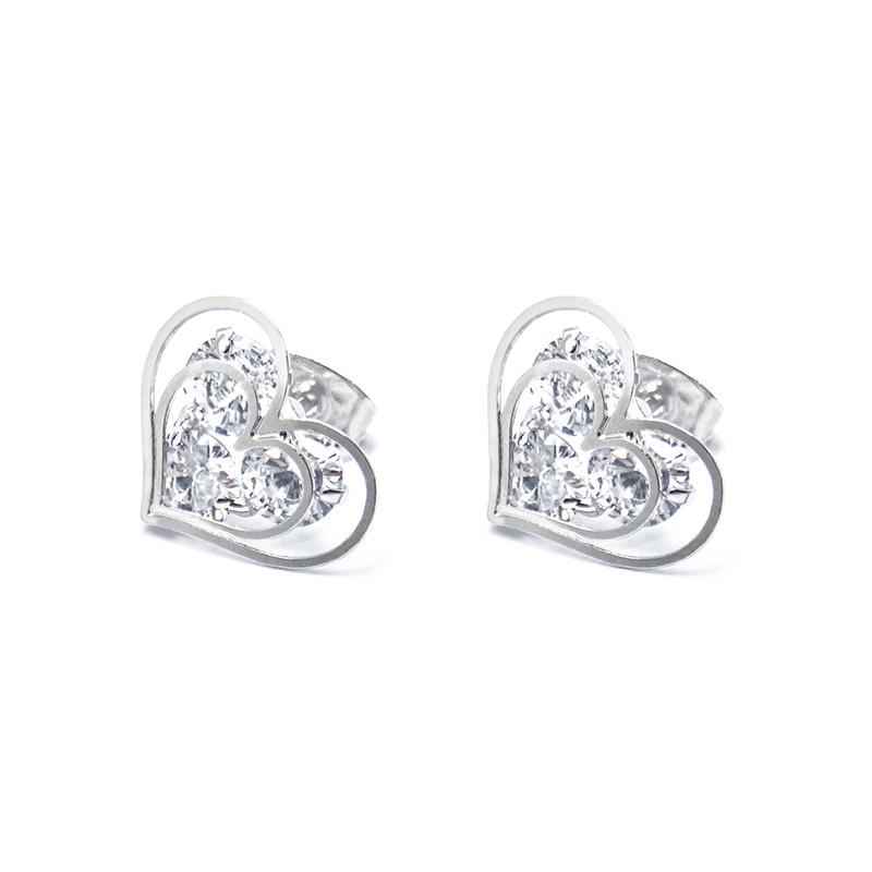 JUSTOP Korean Style Double Heart Zircon Rhinestone Earrings with Hollow Design