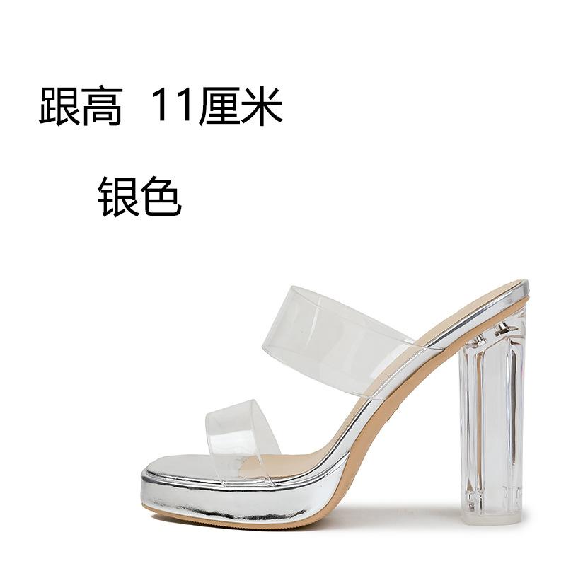 Fashion Transparent High-heeled Slippers Women Summer Waterproof Table Straight Strap Slippers Crystal Heel Thick Heel Sandals for Women