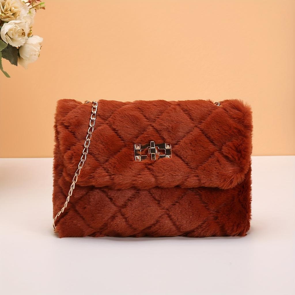 Lightweight Casual Faux Fur Crossbody Bag with Chain Strap and Turn-Lock Closure Fluffy Soft Messenger Shoulder Bag  Removable Strap and Nylon Lining