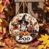 Front Porch Hanging Sign Wooden Halloween Door Sign, Cute Puppy Witch Hat Pumpkin Boo Festive Home Ornament Hanger, Fall Maple Leaf Wall Decor
