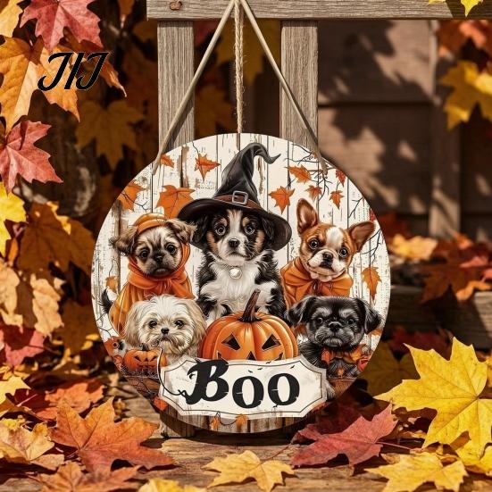 Front Porch Hanging Sign Wooden Halloween Door Sign, Cute Puppy Witch Hat Pumpkin Boo Festive Home Ornament Hanger, Fall Maple Leaf Wall Decor