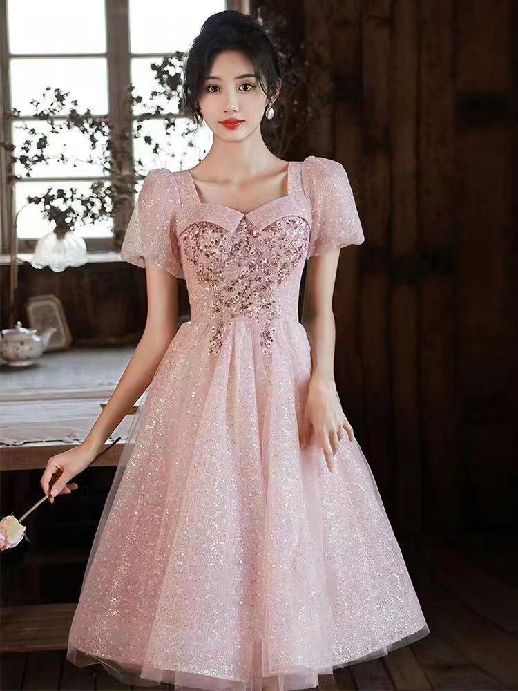 Pink Evening Dress Women's 1011 New Banquet Temperament Light Luxury Niche Style French Fairy Coming-of-age Ceremony Art Test Skirt