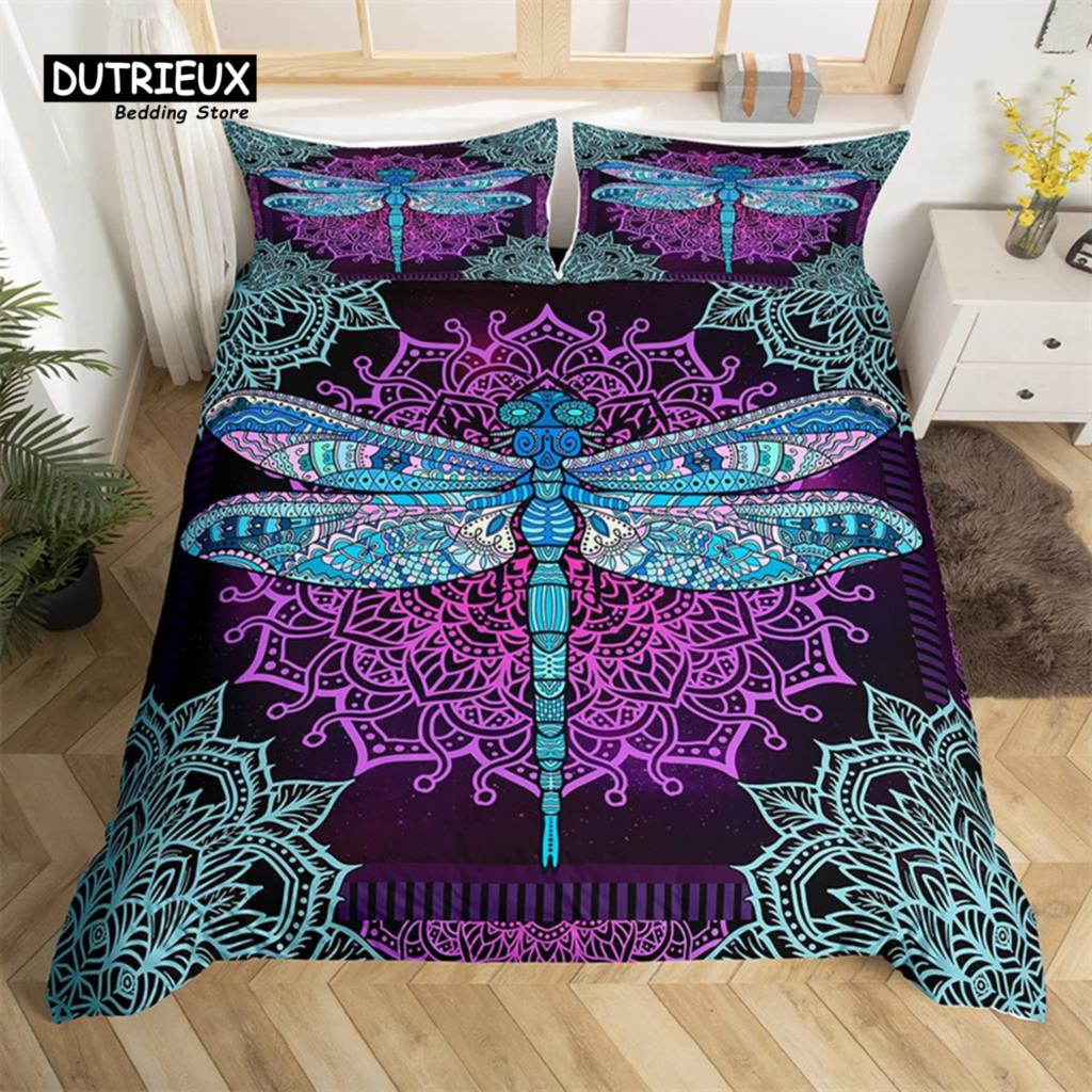 Breathable Trendy King Queen Dragonfly Size Chic Animal Polyester Bohemia Mandala Flowers Bed Comforter