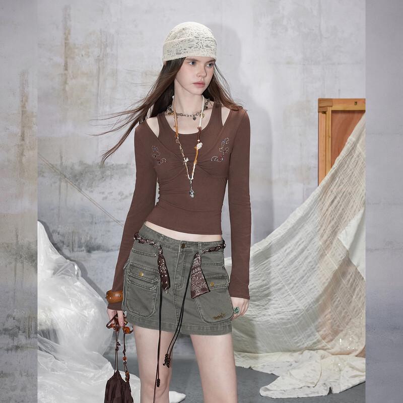 UNIFREE Retro Workwear Multi-Pocket Washed A-Line Skirt
