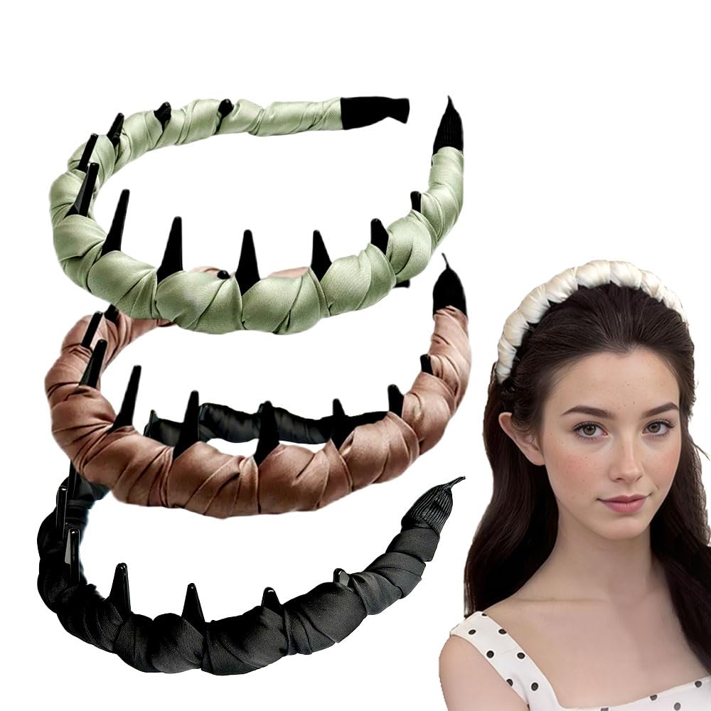 

Retro high skull pearl headband, satin retro high skull artificial pearl teeth headband, high crown wavy headband 1 Count (Pack of 3)