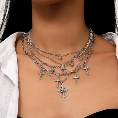New Silver Color Cross Pendant Necklace Multilayer Metal Punk Choker Necklaces Chain Women Jewelry Gifts