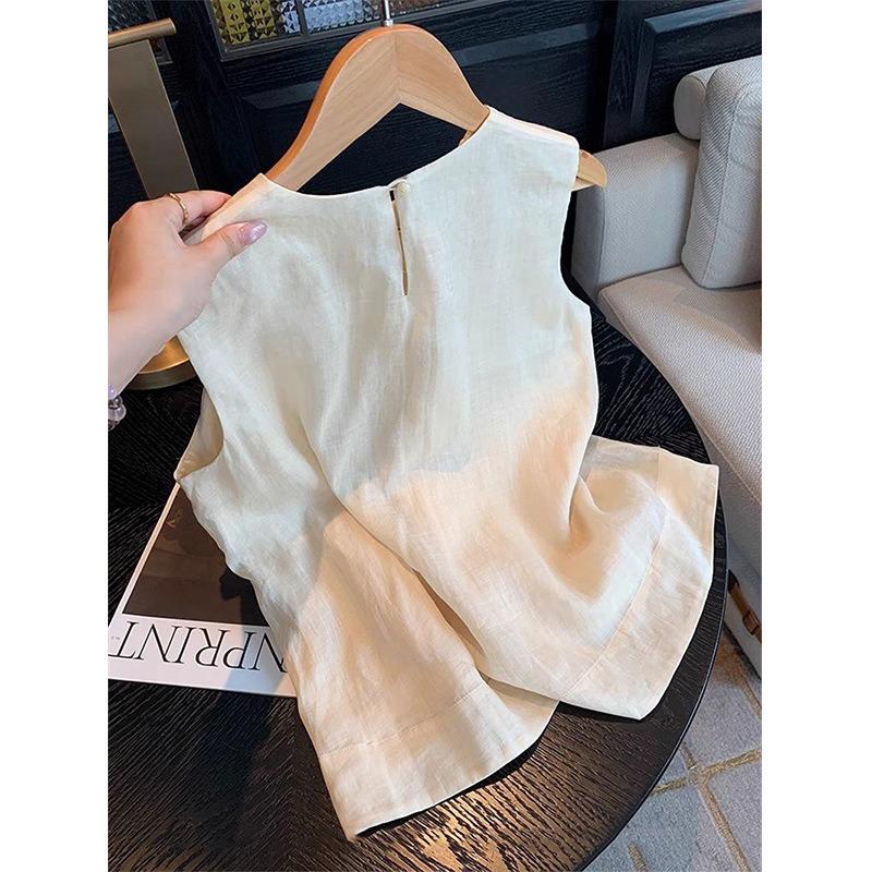 Women Floral Embroidery Round Neck Back Button Sleeveless Linen Blouse