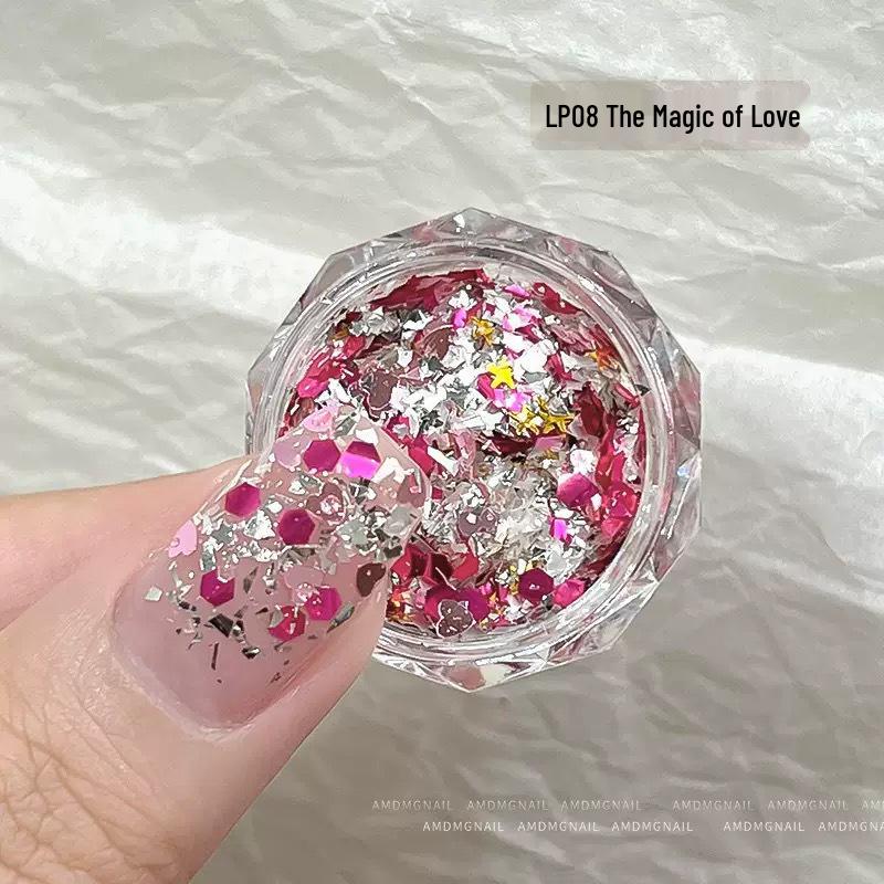 Nail Art Ultra-Thin Iridescent Flakes with Polka Dots, Opal Cloud, and Pink Dried Flowers