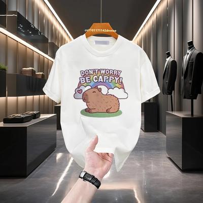Cartoon Süßer Junge T-Shirt Tier Capybara Aufdruck Kinder Bequem Rundhals Weißes T-Shirt Kurzarm