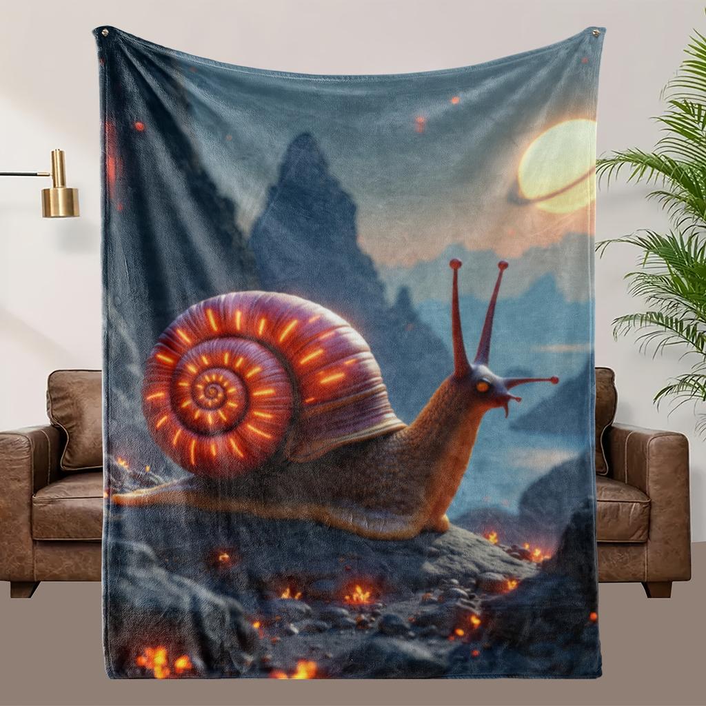 1pc Snail Sci-Fi Blanket - Glowing Orange Snail & Fiery Landscape Design, Soft Flannel-like Texture, All-Season Couch/Bedspread