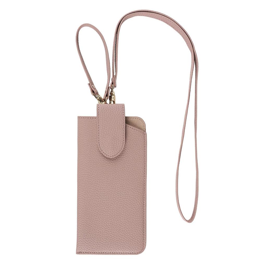 Lizdays Slim Eyeglass Case with Neck Card and Pass Case Strap, Strap, Slots, (Salmon Pink/Gray Beige)
