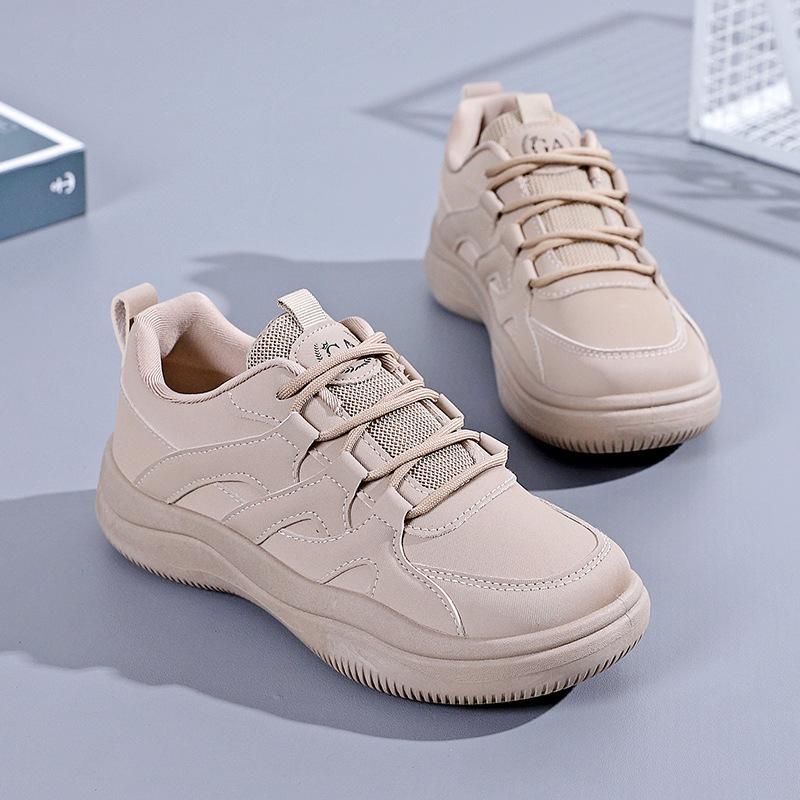 Små hvite damesko vår og høst mote rund tå ensfarget tykksålede sneakers med kryssreim