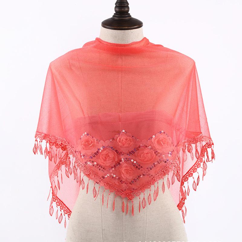 Korean Women Winter Long Neck Protection Plush Warm ShawlSolid Sequin Fragmented Flower Embroidery Lace Tassel Triangle Scarf