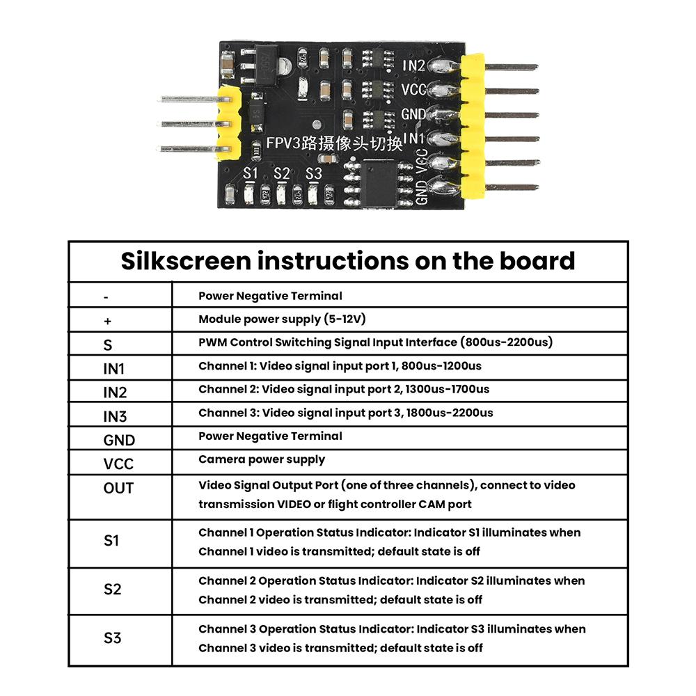 DC5-12V FPV 3-channel camera switching channel video switcher module, PWM control suitable for time traveling machines/drones
