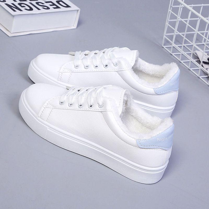 Women's Fleece-Lined White Winter Sneakers, 2025 Korean Style Casual Flats.