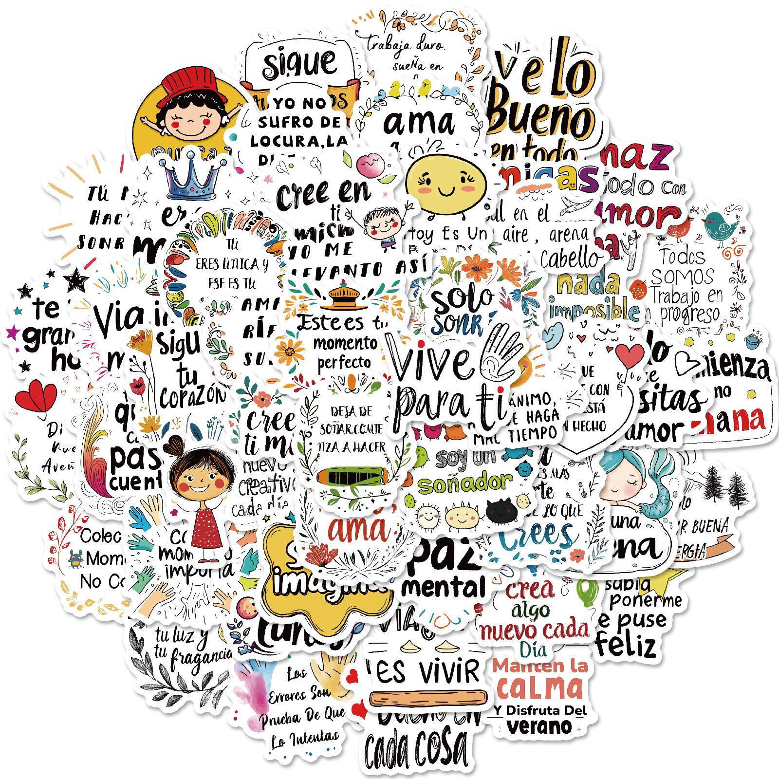 

50 Non-Repeating Colored Spanish Inspirational Short Sentences Text Graffiti Stickers Personalized Decorative Stickers