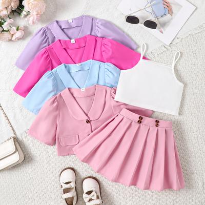 Conjunto de Moda para Niñas Verano para Niños Casual de Tirantes Capa Interior + Falda Corta Plisada + Conjunto Blazer de Solapa
