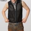 INCERUN Men Zip-up Sleeveless Mesh Sheer Striped See Through Tank Tops
