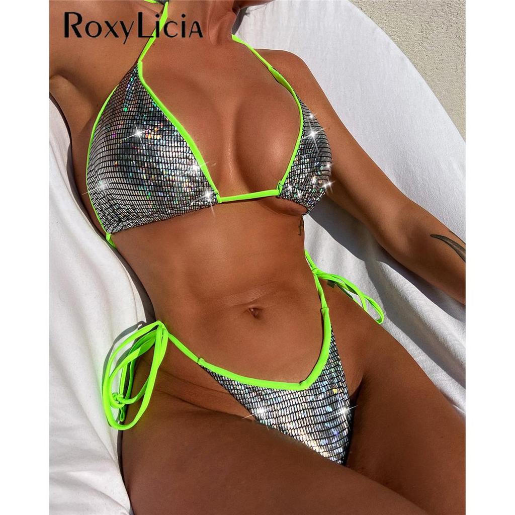 Spleißen Halter Glänzenden Brasilianischen Bikini Weiblichen Badeanzug Frauen Bademode Zwei-stück Bikini set Badende Badeanzug Schwimmen Dame