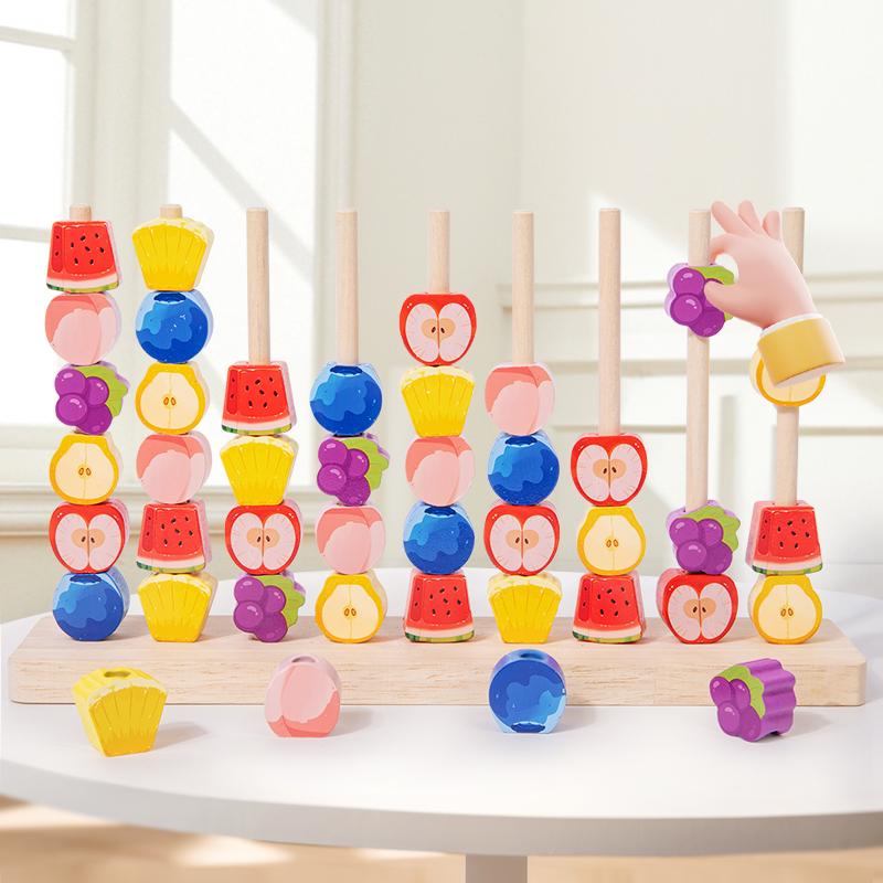 

Wooden Fruit Ring Toss Game Color Shape Matching Puzzle Game Colorful Beaded Cognition Early Educational Toys Gift For Kids