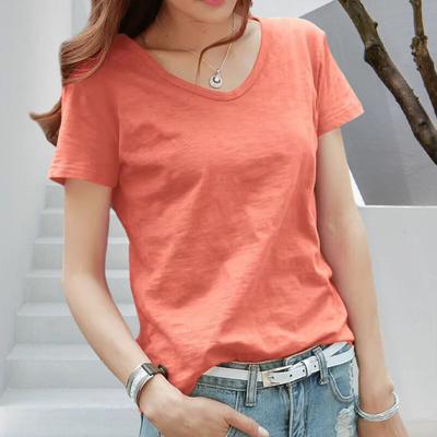 Women T-shirt V-Neck Short Sleeve Loose Fit Tee Shirt Solid Color Soft Elastic Summer Tops Daily Wear