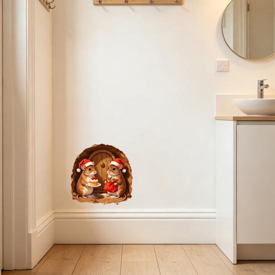 Easy Peel And Stick 3D Mouse Hole Wall Sticker for Christmas Decoration, Realistic Santa Decal, Waterproof PVC DIY Scenes Art Home Window Bathroom