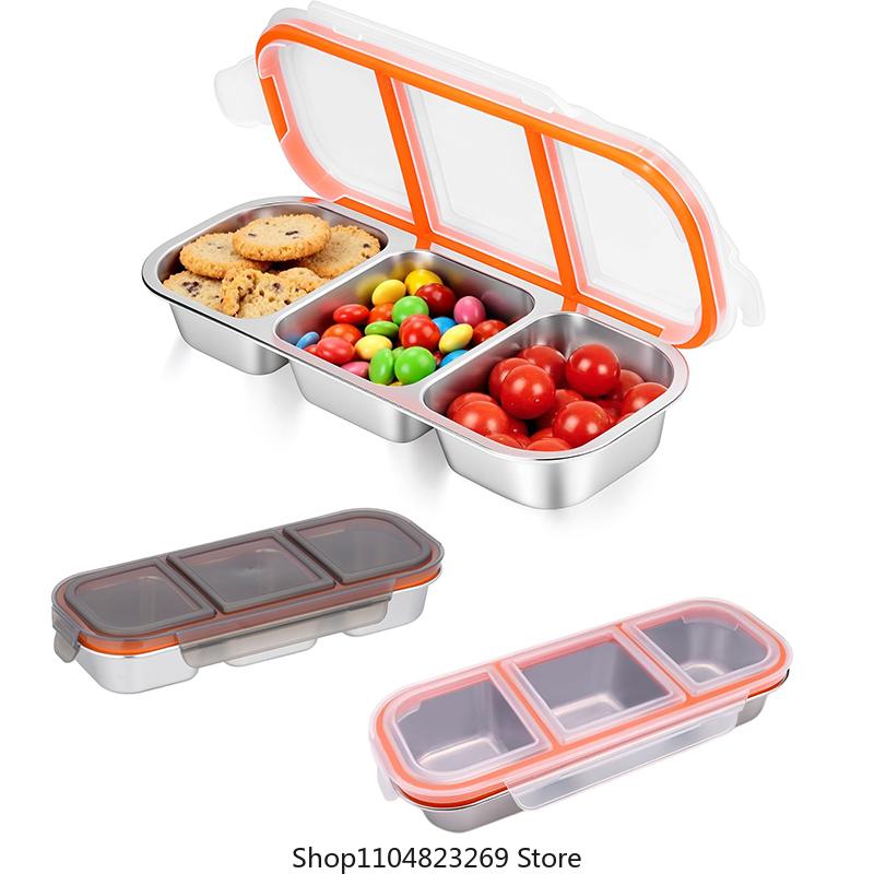 Wiederverwendbare Gewürzbox mit Deckel, Edelstahl-Snackbehälter, 3-fach unterteilte Saucenbecher, unterteilter Lebensmittelaufbewahrungsbehälter