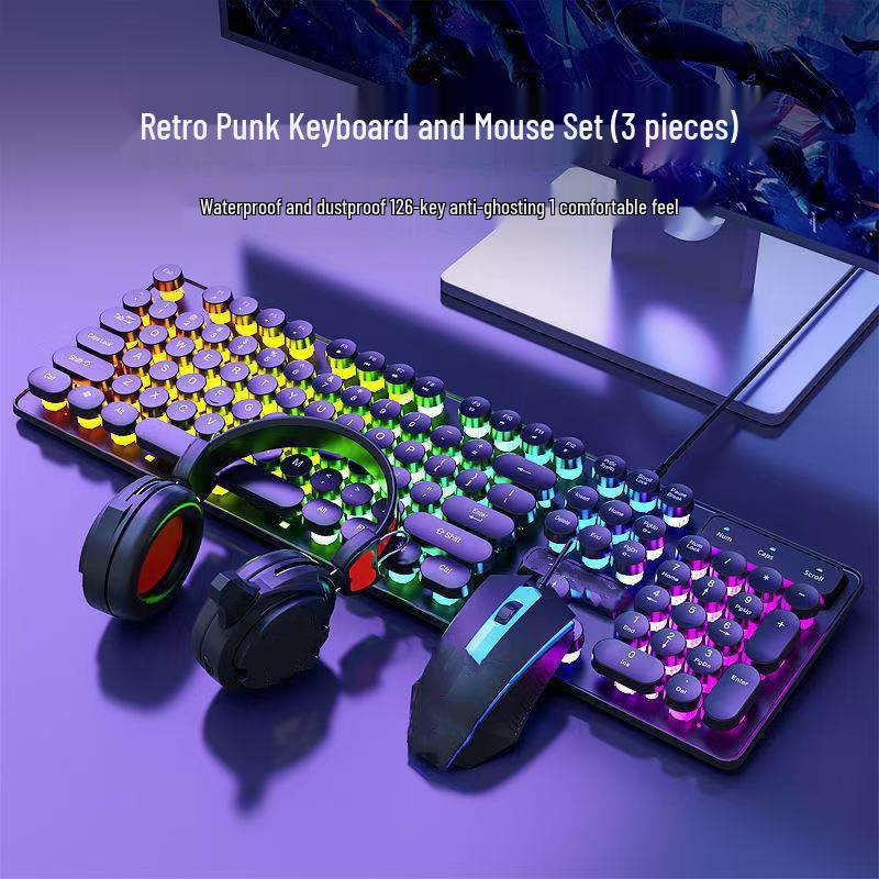 Retro Punk Mechanical Feel Gaming Keyboard & Headset Combo for Desktop/Laptop Gaming