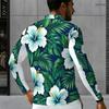 Men s Plus Size Quarter Zip Long Sleeve Collared Tropical Floral Printed Polo Shirt With Side Pockets
