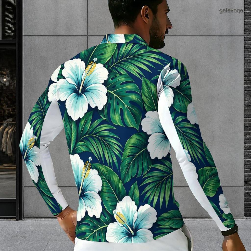 Men s Plus Size Quarter Zip Long Sleeve Collared Tropical Floral Printed Polo Shirt With Side Pockets