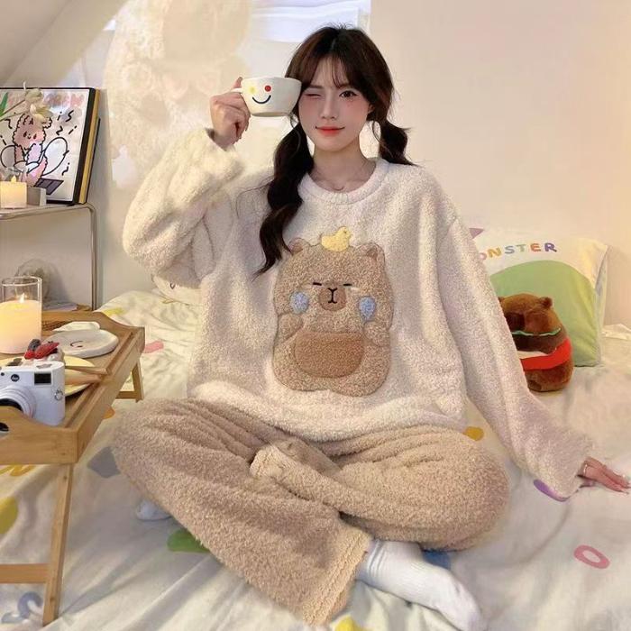 2024 Autumn Winter Flannel Warm Women's Pajamas Sets Long Sleeve Women Sleepwear Plaid Pants Two Piece Set Pyjamas Coral Velvet Pijama Homewear Girl