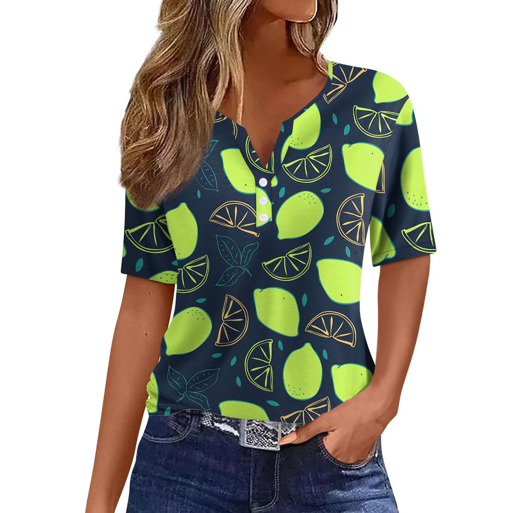 Women's Casual Fruit Printed V-Neck Short Sleeve Decorative Button T-Shirt Top