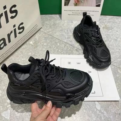 Fashion Chunky Sneakers Women Genuine Leather Mesh Breathable Patchwork Round Toe Lace-Up Thick Sole Ladies Handmade Shoes