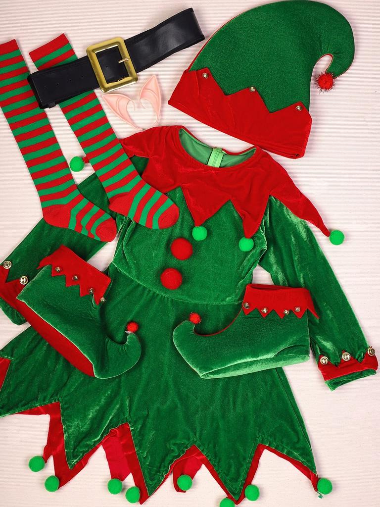6 Pack Christmas Elf Costume Velvet Xmas Suit Christmas Cosplay Clothing Green Parent-Child Girl Fancy Dress Christmas Cosplay